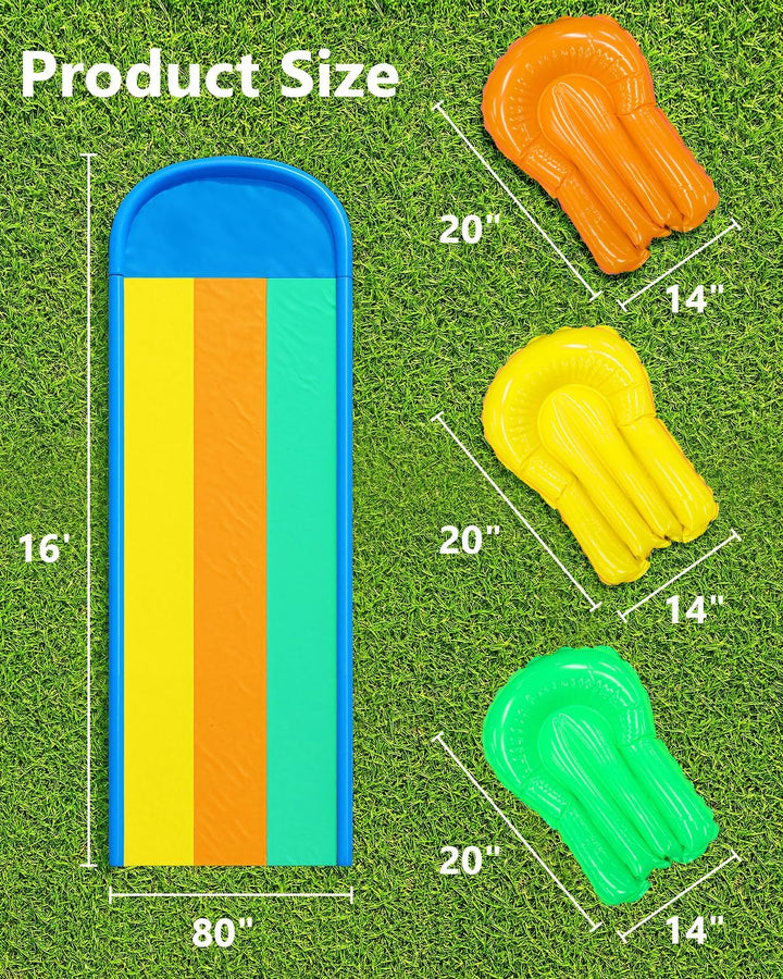 Lawn Water Slides 16Ft X 80In Triple Slide with Built-In Sprinkler and 3 Bodyboards for Kids Adults Backyard, Slip and Slide in Outdoor Water Toys during Summer Holiday
