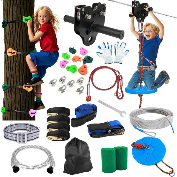 Zip Line Kit for Kids Adults: 200FT up to 400 Lbs - Updated Removable Design Trolley,Thickened Seat,Safety Harness,Quick Tighten Zipline Kits for Outdoor Backyard