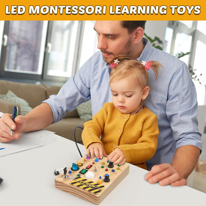 Montessori Toddler Busy Board, 19 Led Wooden Sensory Board Educational Toy, Montessori Toys for 1-6 Year Old, Travel Toys Gifts for Toddlers Boys and Girls