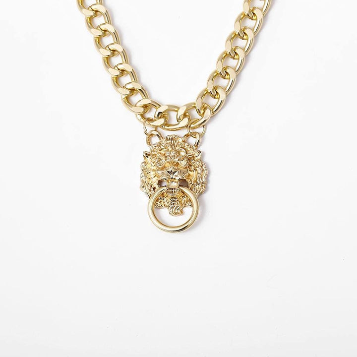 Punk Hip-Hop Gothic Short Chain Exaggerated Metal Lion Head Pendant Collar Necklace Women'S Gold Choker Jewelry Accessories