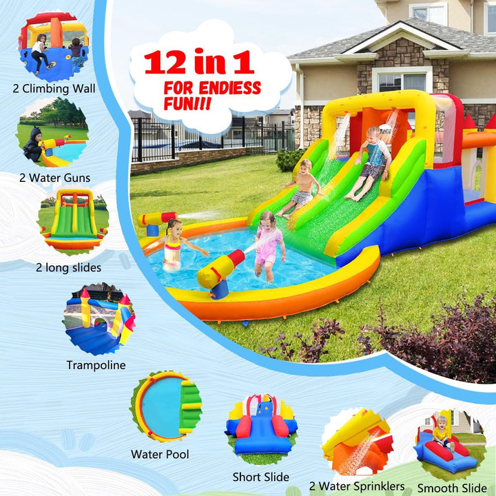 Infiatable Bonuce House with 4 Slides & Large Splash Pool, Water Park with Ultra-Wide Climbing Wall, Jumping, Water Cannons & Surprise Water Sprayers for 3-10 Yr Kids(20.6'Lx9.6'Wx6.4'H)