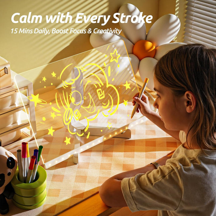 Led Drawing Board, 12"X8" Acrylic Dry Erase Board Doodle Glow, Light up Note Board with Stand and 7 Markers, Message Board, Drawing Board for Kids for Office, School, Home