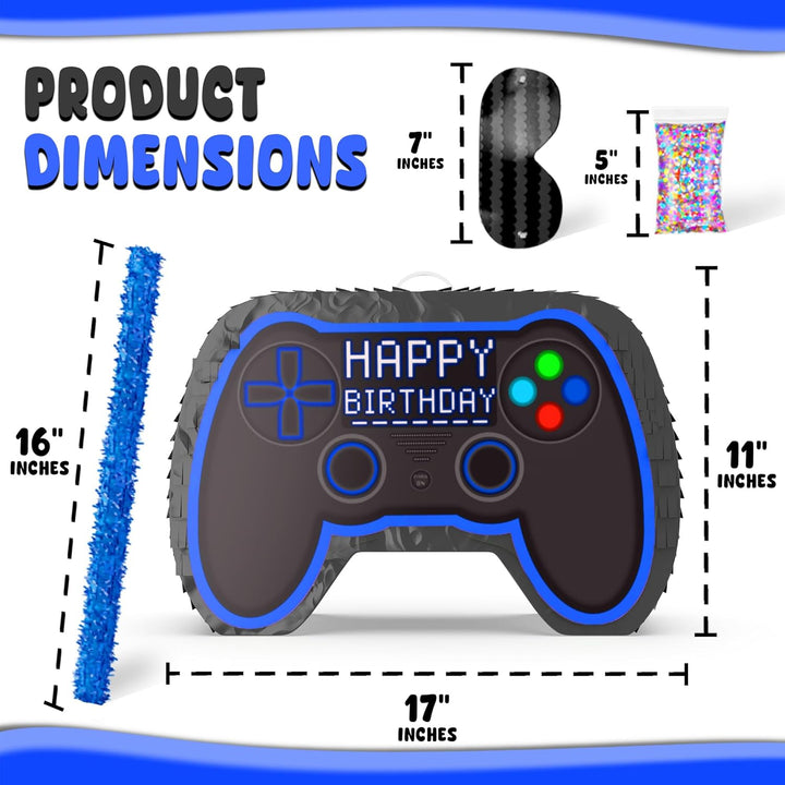 Blue Video Game Controller Piñata (Small Stick Included) 17”X11”X 3” Perfect for Birthday Gamer Parties, Party Decor, Gaming Theme Parties and Other Decorations