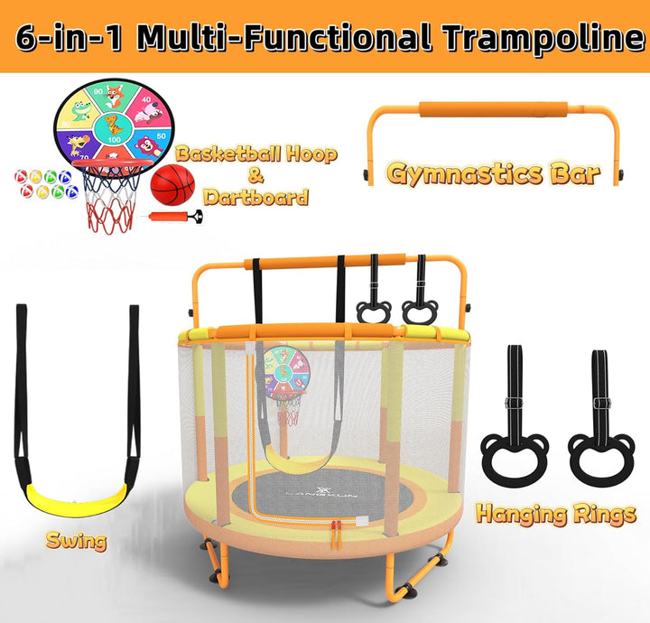 60" Trampoline for Kids, 5Ft Toddler Mini 6-In-1 Trampoline Indoor Outdoor with Swing, Basketball Hoop, Dart Board, Gymnastics Bar, Rings, Christmas Toys Birthday Gifts for Girls Boys Age 3-8