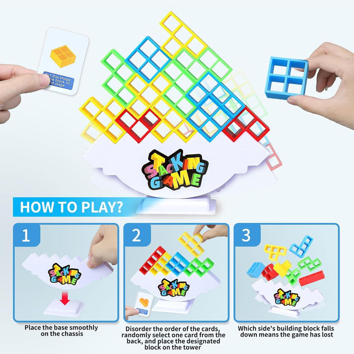 48PCS Stack Game for Adult & Kids, Tetra Board Tower Games for Family Travel Party, 2 Players Balance Stacking Toy, Team Toys Building Block