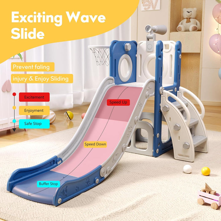 6 in 1 Toddler Playset with Slide,Toddler Slide,Slide for Kids with Basketball Hoop,Ball,Ring Toss,Kids Slide Toddler Playground Toddler Slide Indoor Outdoor Toys