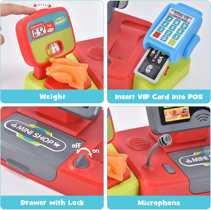 Kids Cash Register Toy Pretend Play with Real Calculator Sound Scanner/Shopping Cart/Food/Play Money, Learning Counter Grocery Store Playset Toys Gift for Kid Boy Girl Age 3 4 5 6 7 8 Years Old