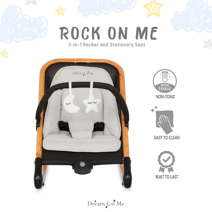 Rock with Me 2-In-1 Rocker and Stationary Seat | Compact Portable Infant Rocker with Removable Toys Bar & Hanging Toys in Black & Grey