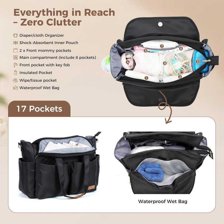 Diaper Bag Tote, Large Diaper Bags Waterproof,Large Mommy Bag for Hospital, Baby Bags for Mom Travel Diaper Tote Messenger Purse, Quilted Black