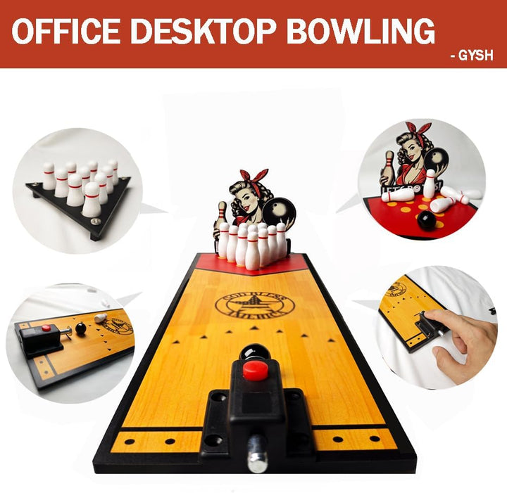 Desktop Mini Bowling Game Set for Office- Quick-Setup Tabletop Bowling Alley with Ball Launcher | Durable Wooden Board Design for Office, Home & Party Fun | Stress-Relieving Desk Toy Gift for Adults