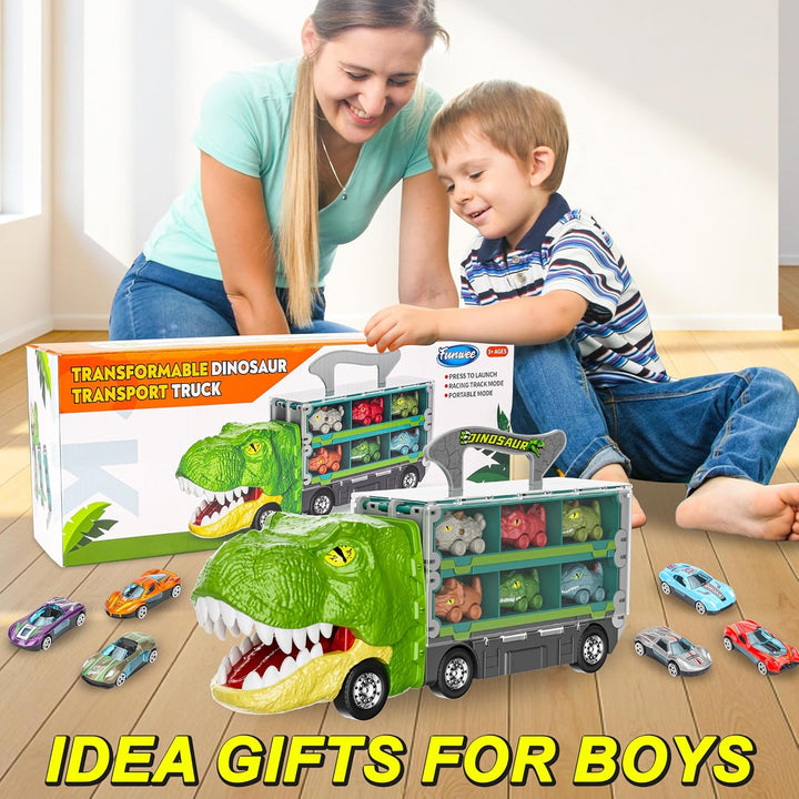 13 in 1 Dinosaur Toys Car for Kids, Dinosaur Transport Truck Track Set, Toddler Boy Toys Age 2-4 1-3, Birthday Gifts Toy for 3 4 5 6+ Year Old Boy,Foldable Track & Race Mode W/ 6 Dino Car & 6 Race Car