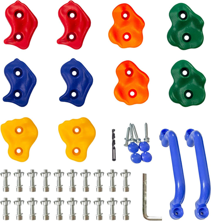 20Pc Rock Wall Climbing Holds Kids & Prise Escalade Enfant, Colourful Pig Nose Shape Climbing Set with Two Blue Handles for Indoor Outdoor Playground Playset Building