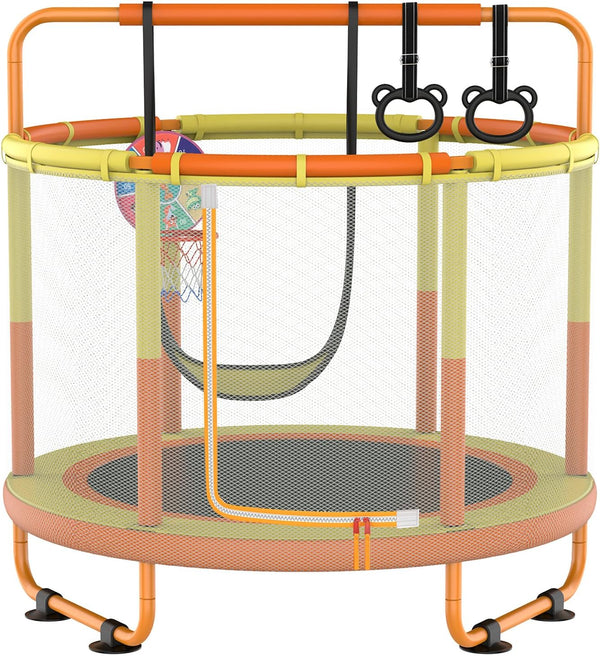 60" Trampoline for Kids, 5Ft Toddler Mini 6-In-1 Trampoline Indoor Outdoor with Swing, Basketball Hoop, Dart Board, Gymnastics Bar, Rings, Christmas Toys Birthday Gifts for Girls Boys Age 3-8