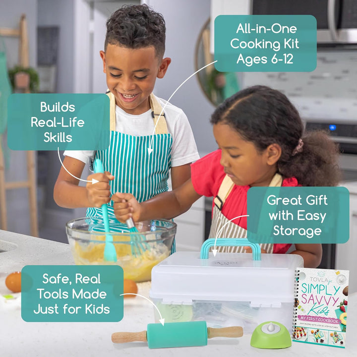 Jr. Kids Real Cooking and Baking Gift Set with Cookbook and Storage Case- Montessori Complete Cooking Supplies for the Junior Chef - Set for Girls & Boys - Utensils and Kid Safe Knives.