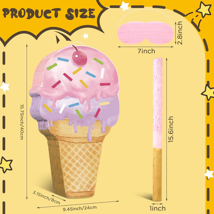 Pink Ice Cream Piñata Cute Dessert Cone Shaped Piñata with Stick Blindfold for Ice Cream Candy Birthday Party Summer Baby Shower Wedding Party Supplies Decor, 15.8 X 9.5 Inch