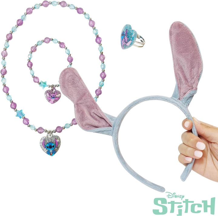Disney Licensed Stitch Headband with Ears for Girls - Kids Jewelry Dress up Set All in One Giftable Box - Play Jewelry Set - 4Pc (Toddler Headband, Necklace, Dress up Bracelet, Ring) Ages 3+
