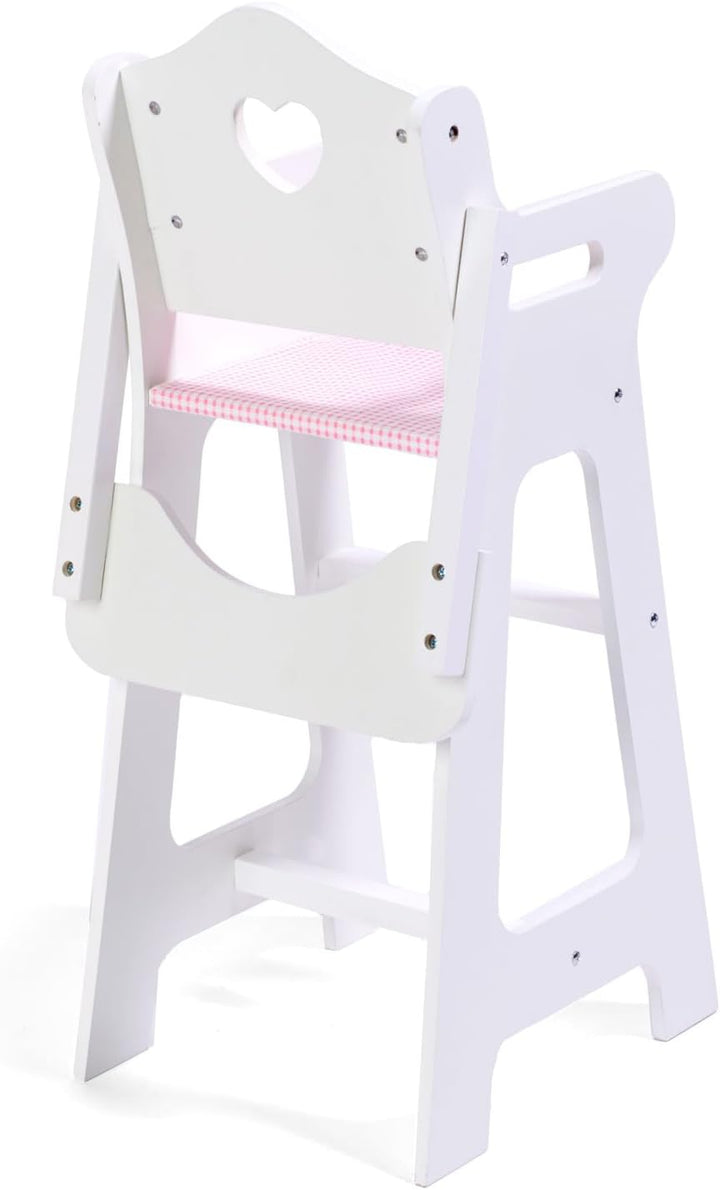 Wooden Baby Doll High Chair - Fits 18" Dolls - Includes Tray, Bib & Free Personalization Kit - Best for Toddler Girls for Pretend Play - White with Pink Gingham Seat