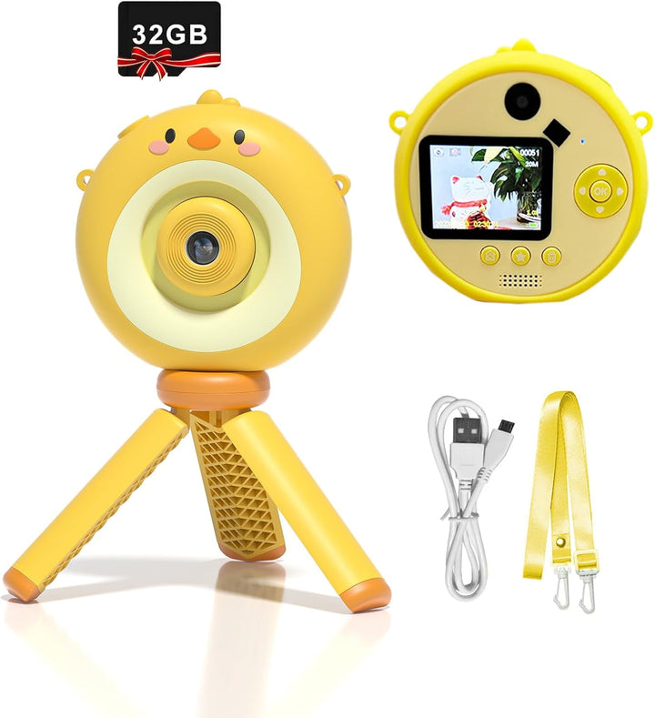 Kids Camera with Tripod, Kid Camera Toys with Flip-Up Lens for Selfie & Video, MP3 Player, Christmas Birthday Gifts for Boys Girls, 32G SD Card Included (Yellow Chicken)