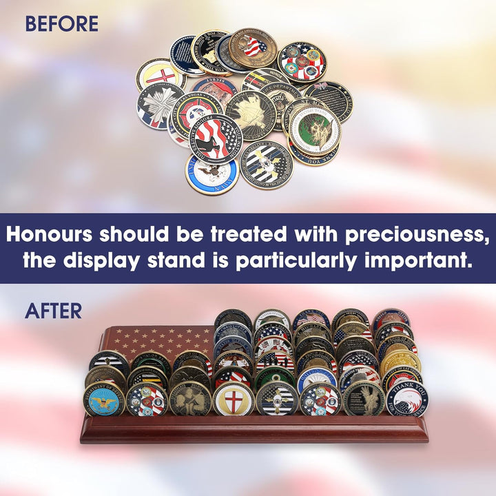 6-Row Challenge Coin Display with United States Flag, Challenge Coin Holder Made of 100% Solid Wood