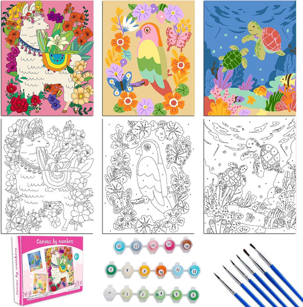 3 Pack Paint by Numbers Kit for Kids 8-12, 10*8" Framed Canvas with 17 Acrylic Paint Pots and 6 Brushes, Color by Number Crafts Art Supplies