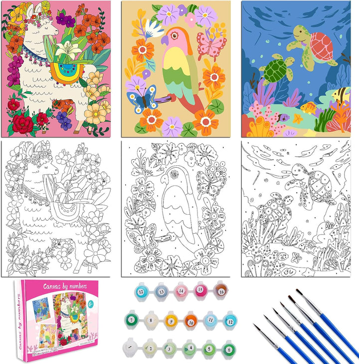 3 Pack Paint by Numbers Kit for Kids 8-12, 10*8" Framed Canvas with 17 Acrylic Paint Pots and 6 Brushes, Color by Number Crafts Art Supplies