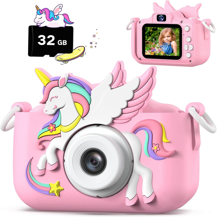 Dinosaur Kids Camera for Boys Girls, Toddler Digital Selfie Camera with Cute Protective Cover and 32G SD Card, Christmas Birthday Gifts Toys for 3 4 5 6 7 8 9 10 11 12 Years Old Little Girls and Boys