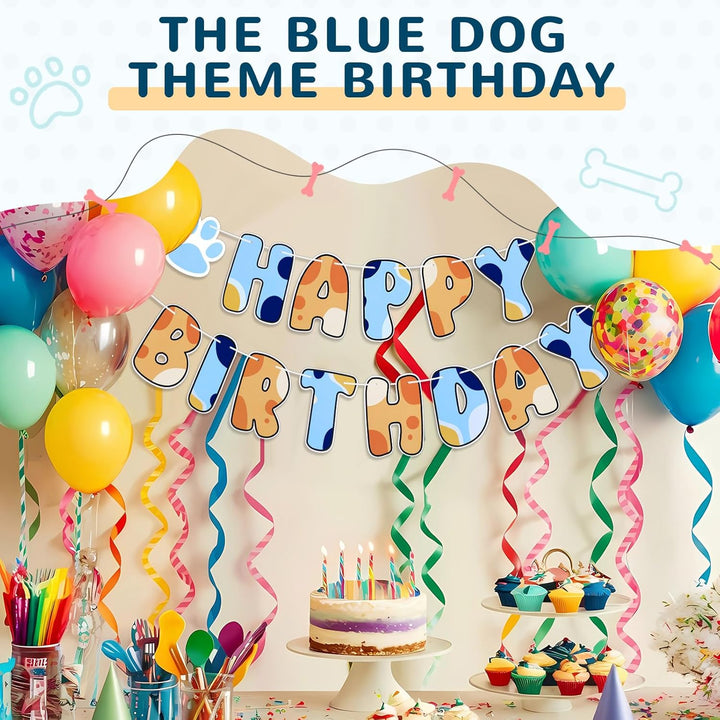 Blue Dog Birthday Party Supplies, Blue and Orange Banner Dog Happy Birthday Banner Party Decorations for Decoration Centerpieces