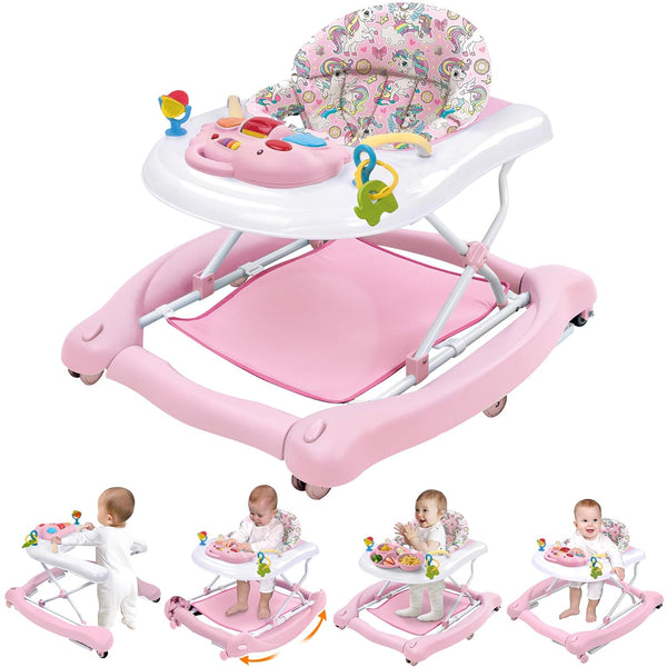 Foldable Baby 5-In-1 Activity Walker - Rocker, Activity Center, Bouncer, Seat Walker, Push Walker - Adjustable Speed Rear Wheels and Height Toys Ages 6-18 Months… (Pink)