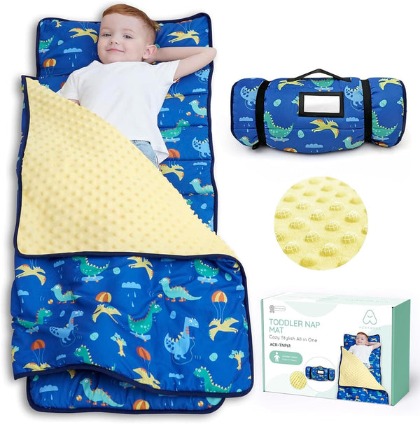 Toddler Nap Mat with Pillow and Blanket, Extra Large Rolled Napping Mats,Slumber Bags for Boys Girls,Kids Sleeping Bag for Daycare, Preschool Travel Camping, Dinosaur