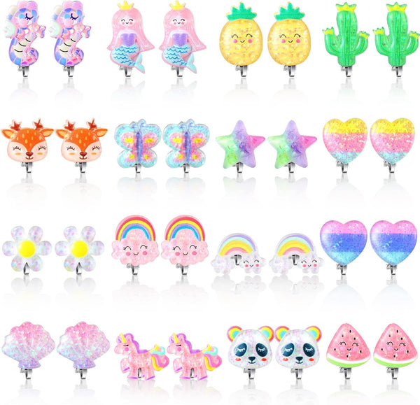 16 Pairs Kids Clip on Earrings for Girls Cute Unicorn Mermaid Non Pierced Clip on Earrings for Kid Little Girl
