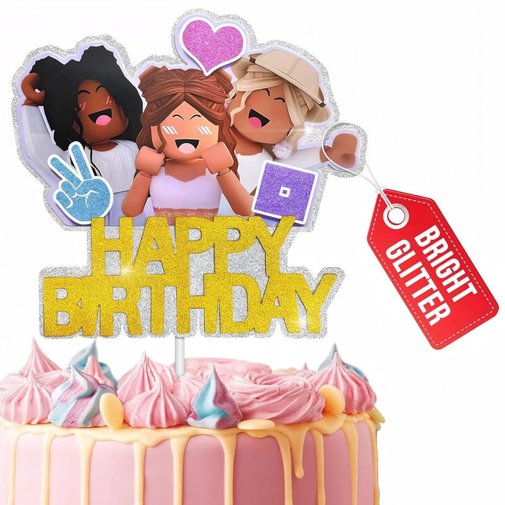 Video Game Cake Topper Decorations - Vibrant Glitter Cardboard Gamer Cake Topper, Eye-Catching Design, Firm Installation & Easy Adjusting, Sturdy Plastic Stick - Birthday Decorations for Boys & Girls