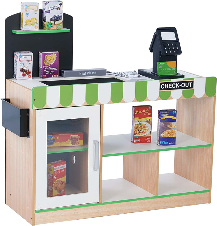 Little Helper Wooden Farmer'S Market Stand with Pretend Cash Register and 6 Plastic Storage Bins, Green, TD-13638A-AMZ