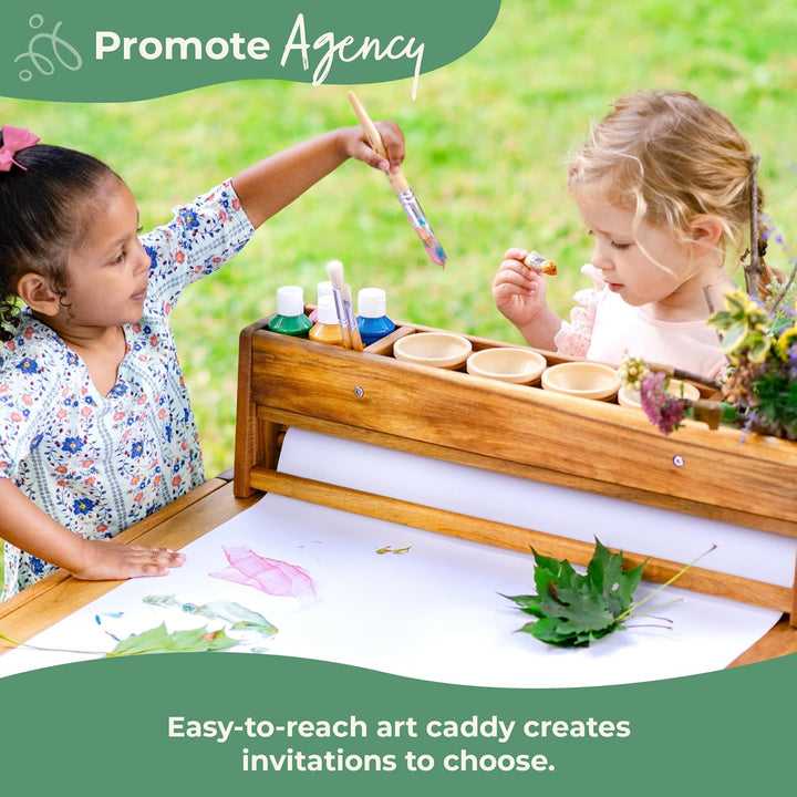 Acadia Outdoor Art Table and Stool Set: Kids Acacia Wood Arts and Crafts Table W/ 2 Chairs, Mobile Storage Paper Roll, and Paint Cups for Drawing, Painting and Toddler Picnic Activities