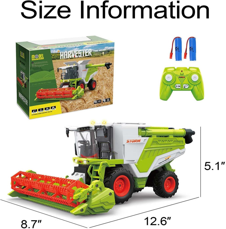 RC Farm Tractor Toy for Kids, 2.4G Remote Control Combine Harvester Truck with Sounds, Lights & Spray, 1:24 High Simulation Toddlers Vehicle Toys, Christmas Birthday Gift for Boys Girls 3-8