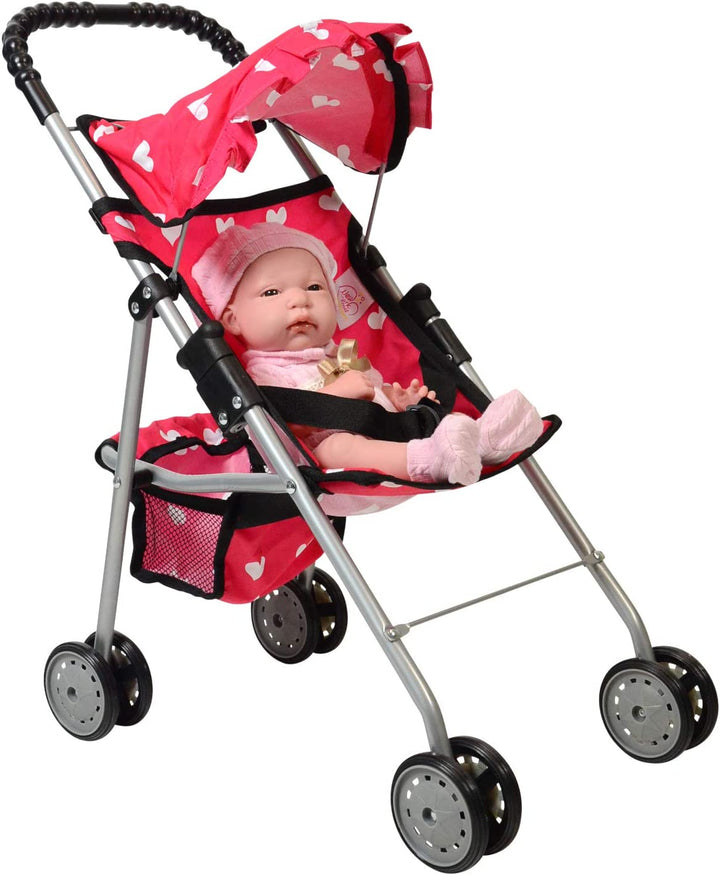 My First Doll Stroller with Basket & Heart Design Foldable Doll Stroller, Pink