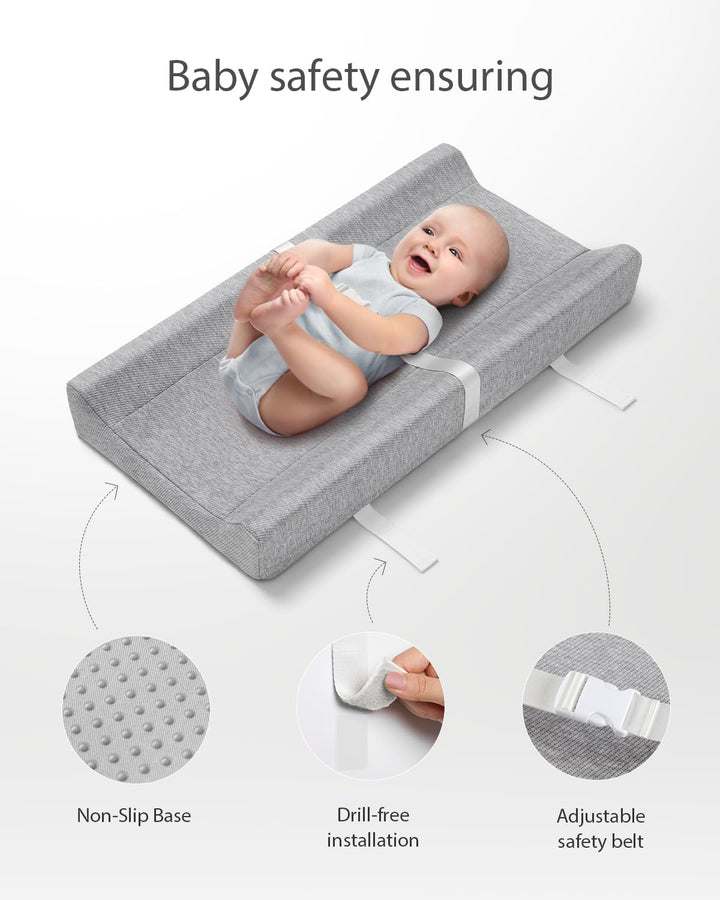 Baby Changing Pad with Waterproof Lining Foam, Includes a Soft & Washable Cover, Contoured Changing Table Pads for Dresser Top with Non-Slip Bottom, 32”×16” (Grey, Rectangular)