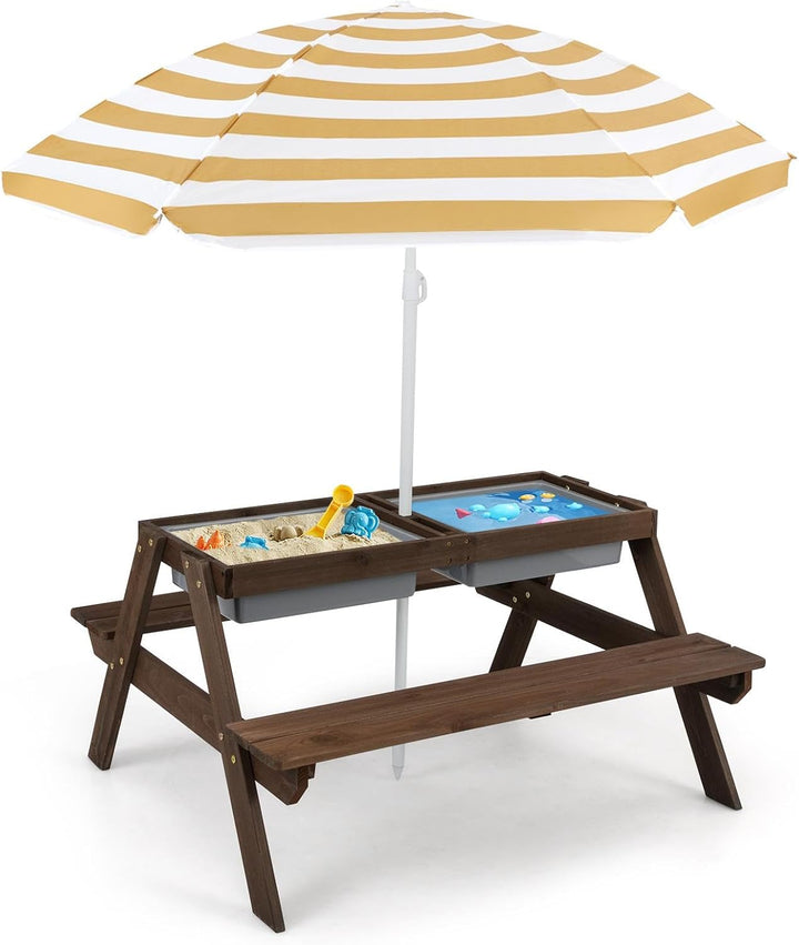 Kids Picnic Table, 4 in 1 Sand and Water Tables W/Detachable Tabletop, 2 Removable Play Boxes, Foldable & Height Adjustable Umbrella, Wood Sensory Table and Bench for Outdoors, Indoors (Brown)