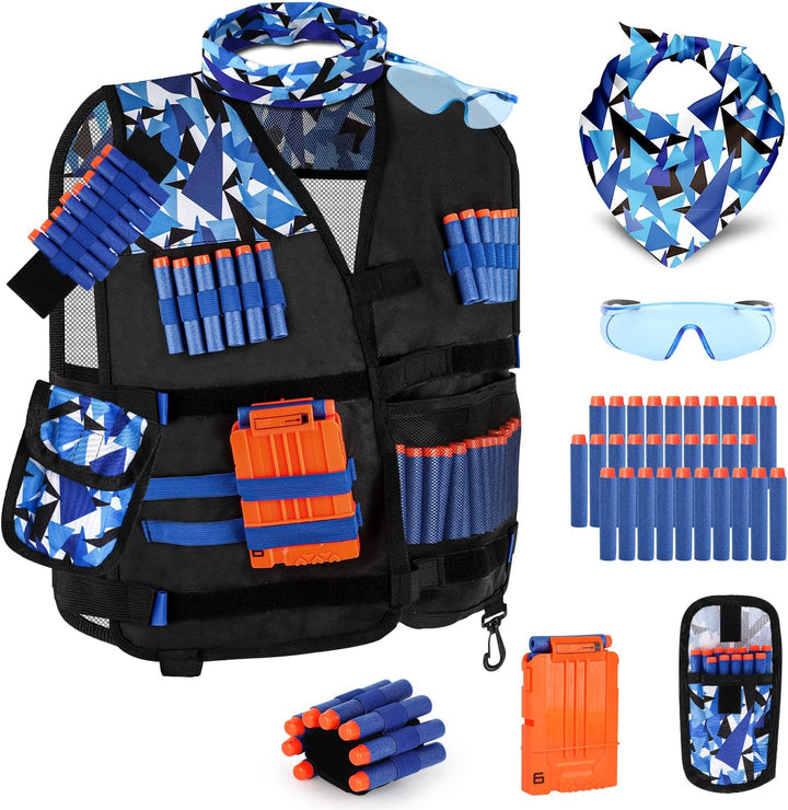 2PACK Kids Tactical Vest Kit for Nerf Guns N-Strike Elite Series for Boys Girls, with 60 Refill Darts, Dart Pouch, Tactical Mask, Reload Clips, Protective Glasses (Blue+Green)