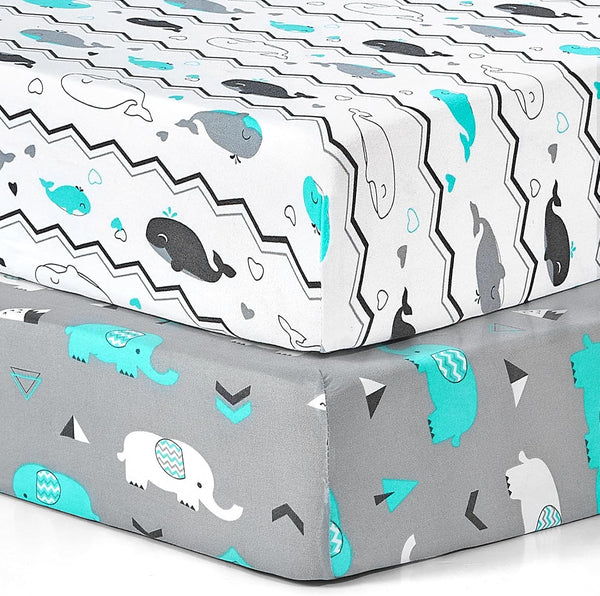 Pack N Play Sheets,  2 Pack Mini Crib Sheets,Stretchy Portable Fitted Playard Sheet Set, Convertible Playard Mattress Cover,Ultra Soft Breathable Material,Elephant Whale