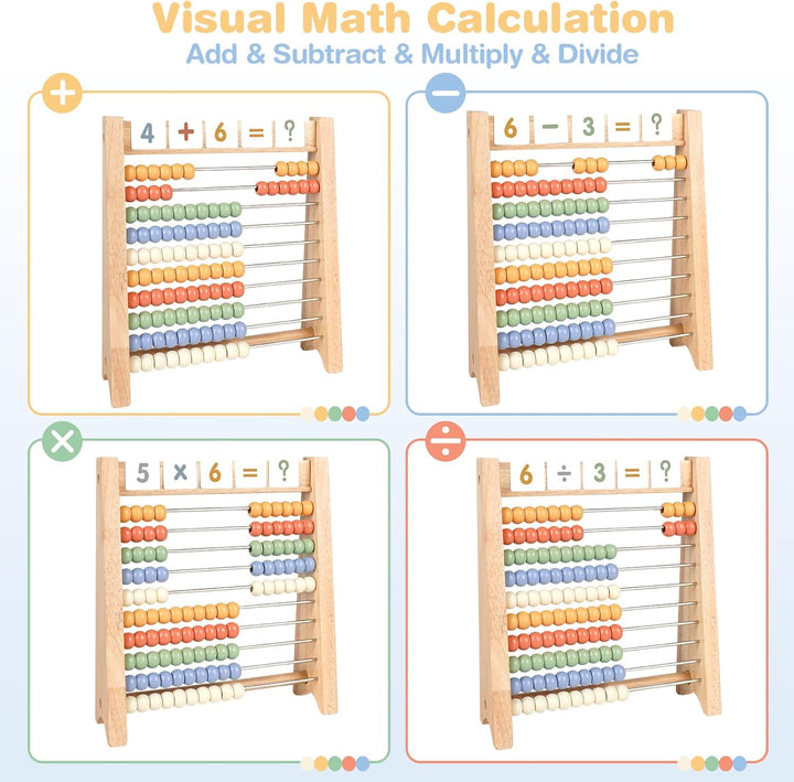 Abacus for Kids Math - Wooden Abacus with 100 Counting Sticks and 112 Math Cards, Counting Toys for Preschool Learning, Educational Math Toys for Developing Fine Motor Skills, Math Calculation