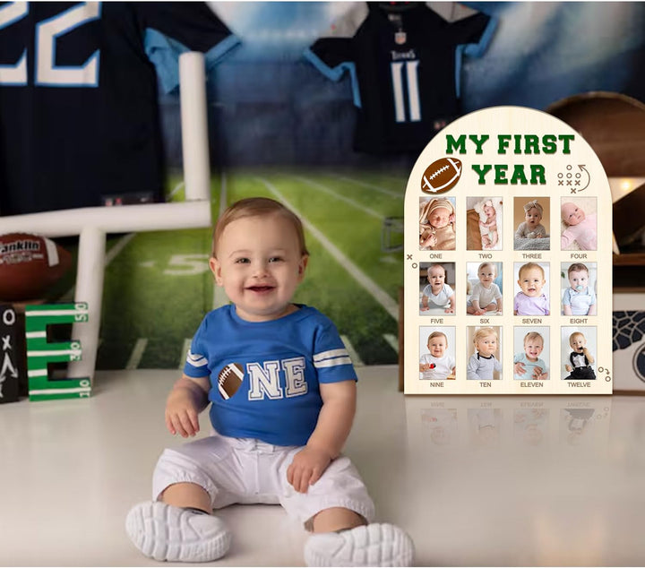 My First Year Photo Board - Baby'S First Year Photo Frame 12 Months Milestone Board Football Photo Display Wood Board 1St Birthday Picture Frame Decorations (Fits 2" X 3" Photo) ﻿