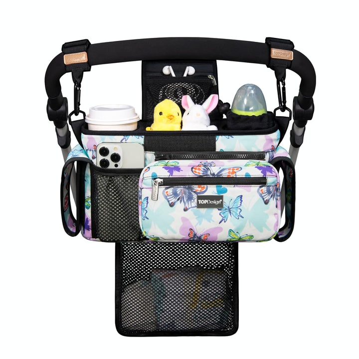 Universal Baby Stroller Organizer, Stroller Caddy with Detachable Mesh Bag & Heightened Insulated Cup Holders & Non-Slip Secure Hooks Accessories, Fits Most Strollers (Checkerboard)
