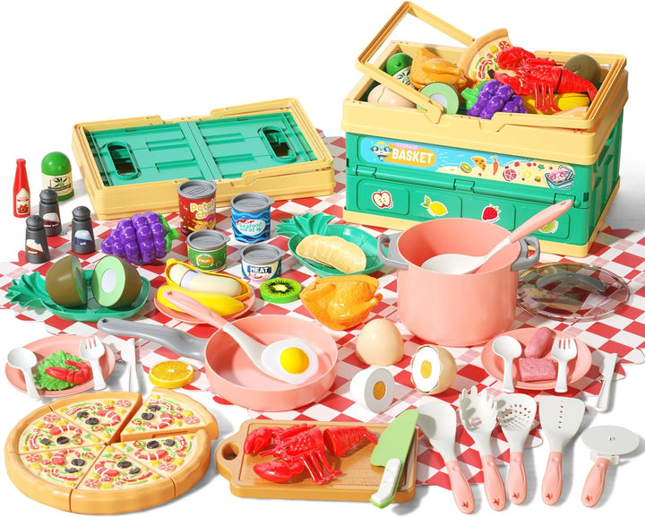 130Pcs Kitchen Playset, Toddler Pretend Cooking Play Pots, Pans, Utensils Cookware, Daily Food Fruit Veges, Shopping Storage Basket, Dessert, Prop Money, Learning Gift for Child (Blue)