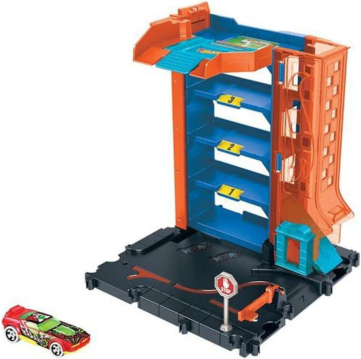 City Toy Track Set, Downtown Car Park Playset with 1:64 Scale Vehicle, 4 Levels, Working Lift & Exit Chute
