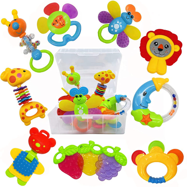 Baby Toys 0-6 Months Infant Toys 0-3 Months Infant Rattles Baby Rattle Teether Toy Set with Storage Box Musical Rattles for Newborn Boy Girl Gifts Set with Baby'S First Rattle Teether (11Pcs)