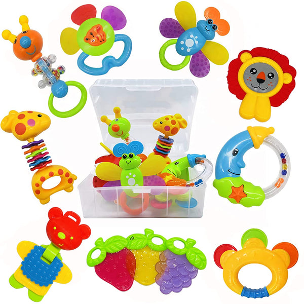 Baby Toys 0-6 Months Infant Toys 0-3 Months Infant Rattles Baby Rattle Teether Toy Set with Storage Box Musical Rattles for Newborn Boy Girl Gifts Set with Baby'S First Rattle Teether (11Pcs)