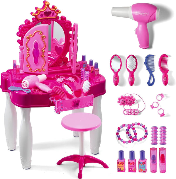 Pretend Play Girls Vanity Set with Mirror and Stool 21 PCS - Kids Makeup Vanity Table Set with Lights and Sounds - Includes Fashion Hair & Makeup Accessories