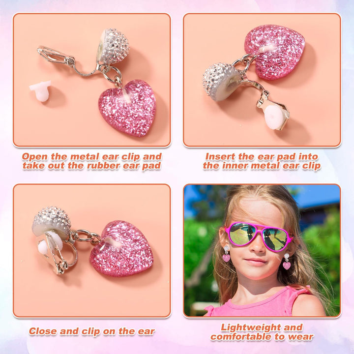 6 Pairs Clip on Drop Earrings, Colorful Non-Pierced Clip on Earrings Resin Rainbow Crown Flower Heart Clip on Earrings Ear Clips for Girls Kids Toddler Dress up Princess Jewelry Accessories