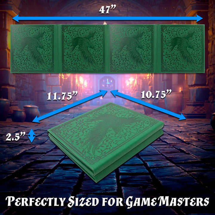 DM Screen PU Leather 8-Panel Deluxe GM Screen - Eight Panel Folding Dungeon Master Screen with 2 Swinging Panels and Wet Erase Pockets for Ttrpgs - Green, Inserts Not Included