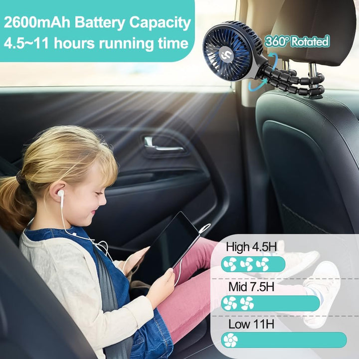 Portable Stroller Fan, USB or Rechargeable Battery Operated with 3 Speeds and 360°Rotate, Cooling Clip on for Baby Crib Travel Car Seat Black